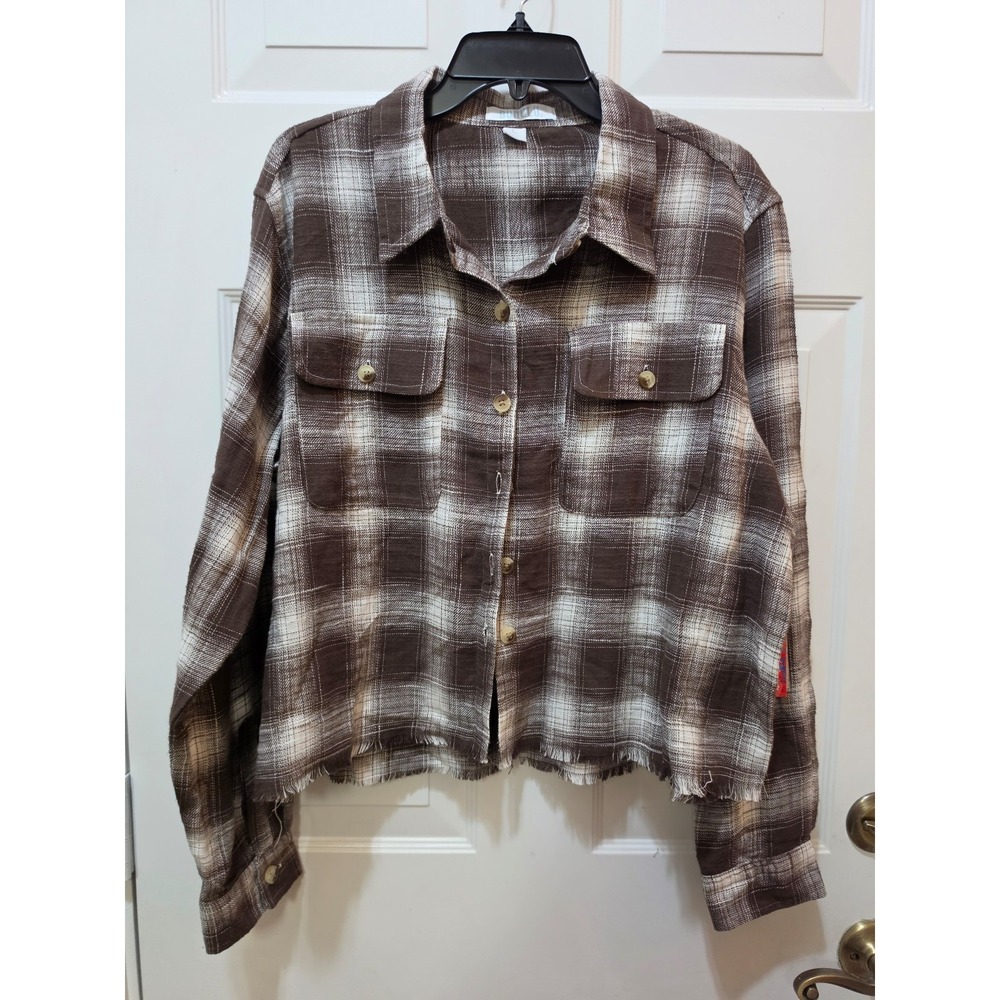NWT Bunulu Brown Cream Plaid Cropped Button Up Flannel Shirt Fringe Large